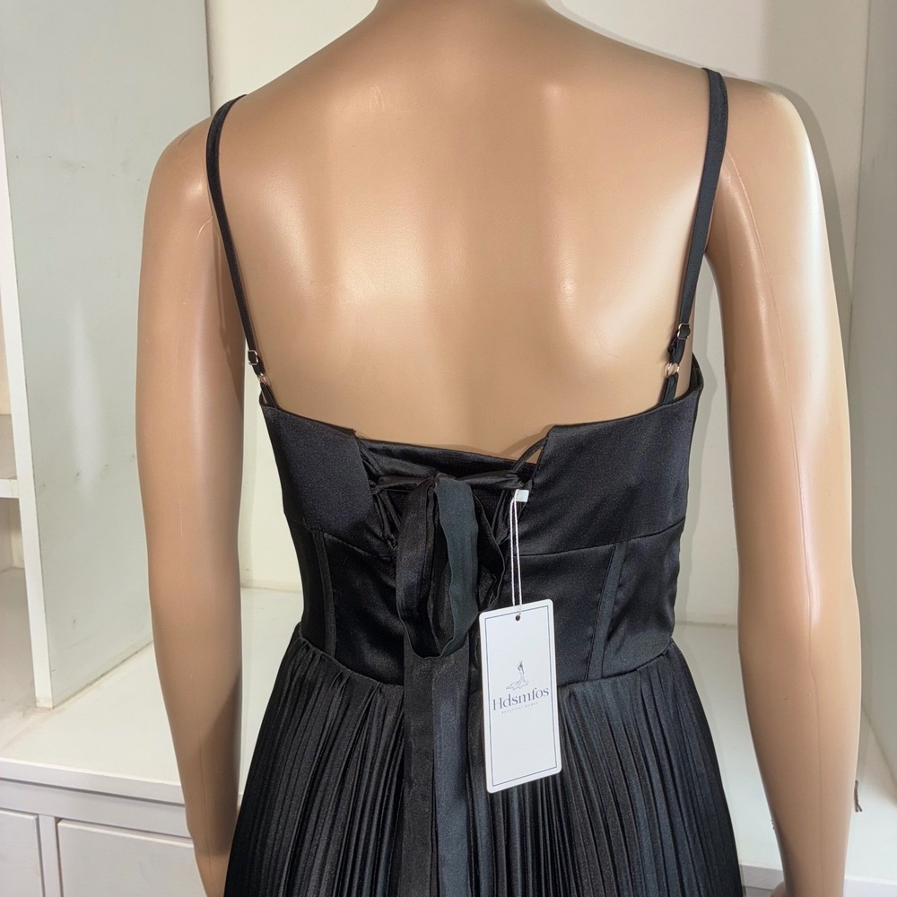 Black Satin Corset Gown Pleated Skirt Spaghetti Strap Lace Up Back Formal prom - Picture 7 of 9